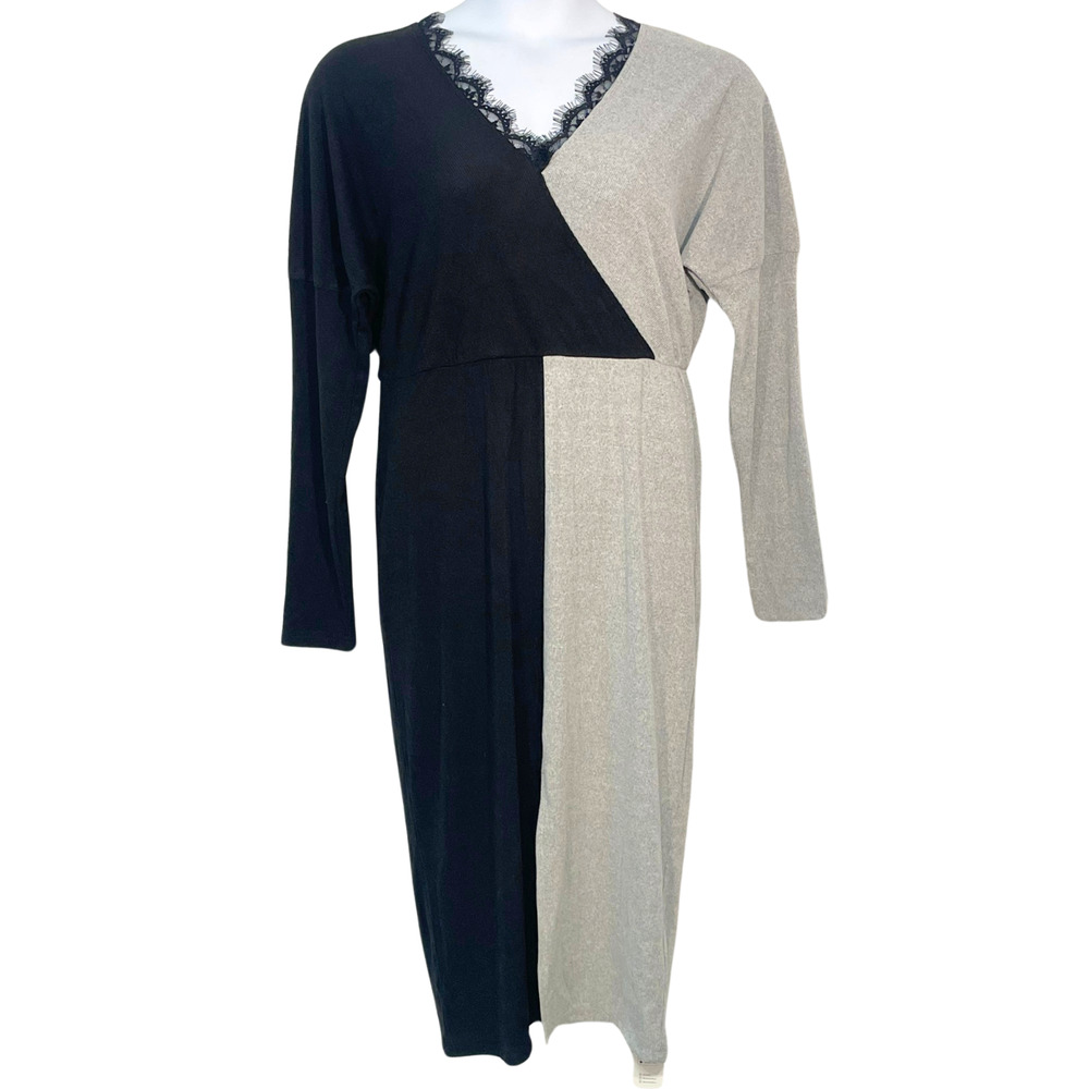 Cupshe Sz XL Colorblock Midi Dress Long Slvs Ribbed Stretch Knit Black/Gray New